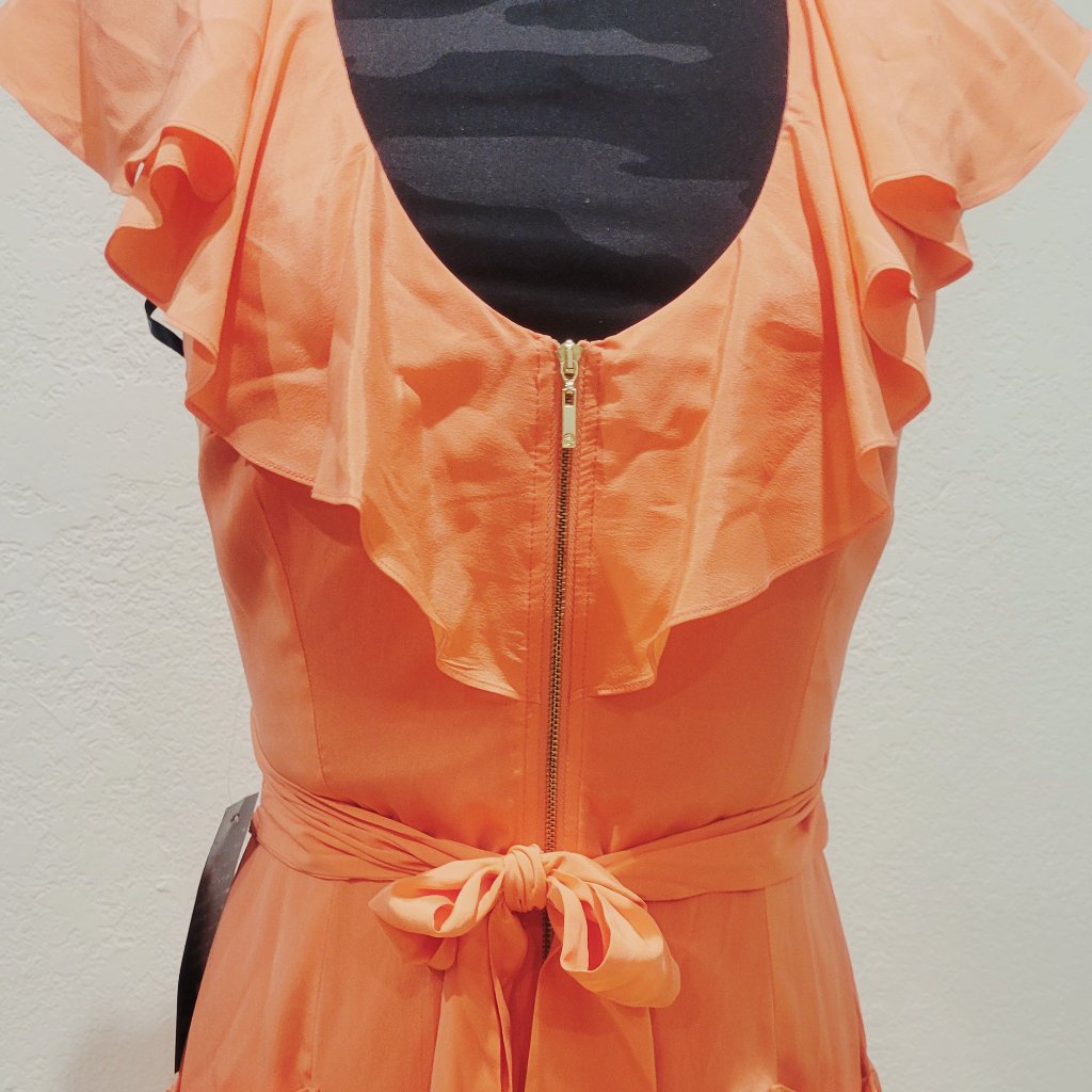 Nwt Bebe Coral Silk Zip Front Ruffle Dress Wirh Pockets